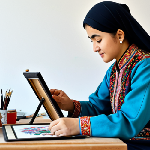 A professional Uzbek artist, fully clothed in modest, traditional attire, meticulously painting a vibrant miniature on a small canvas. The artist is seated at a clean, well-lit wooden desk in a modern studio that blends traditional Uzbek decor with subtle digital art tools like a tablet nearby. The miniature painting features intricate details, rich colors, and delicate lines, depicting a scene inspired by ancient Uzbek tales. The background shows hints of traditional patterns. safe for work, appropriate content, fully clothed, modest, perfect anatomy, correct proportions, natural pose, well-formed hands, proper finger count, natural body proportions, professional photography, high quality.