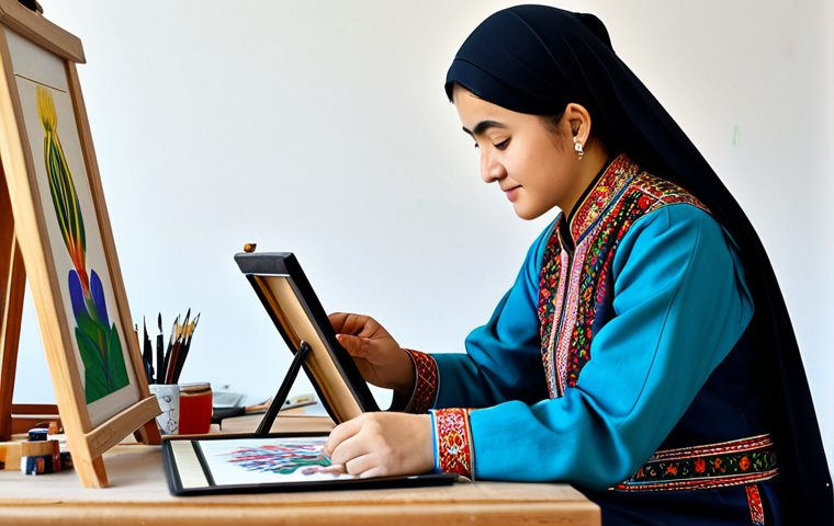 A professional Uzbek artist, fully clothed in modest, traditional attire, meticulously painting a vibrant miniature on a small canvas. The artist is seated at a clean, well-lit wooden desk in a modern studio that blends traditional Uzbek decor with subtle digital art tools like a tablet nearby. The miniature painting features intricate details, rich colors, and delicate lines, depicting a scene inspired by ancient Uzbek tales. The background shows hints of traditional patterns. safe for work, appropriate content, fully clothed, modest, perfect anatomy, correct proportions, natural pose, well-formed hands, proper finger count, natural body proportions, professional photography, high quality.