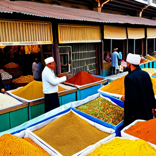 Spice Bazaar**

"A vibrant and colorful display of spices and dried fruits at an Uzbek bazaar. Saffron, cumin, and peppers are arranged in neat piles. Vendors in traditional modest clothing are interacting with customers. Background shows bustling market activity with architectural details. Safe for work, appropriate content, fully clothed, professional photography, perfect anatomy, natural proportions, family-friendly."

**
