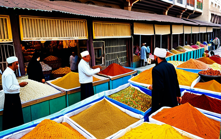 Spice Bazaar**

"A vibrant and colorful display of spices and dried fruits at an Uzbek bazaar. Saffron, cumin, and peppers are arranged in neat piles. Vendors in traditional modest clothing are interacting with customers. Background shows bustling market activity with architectural details. Safe for work, appropriate content, fully clothed, professional photography, perfect anatomy, natural proportions, family-friendly."

**