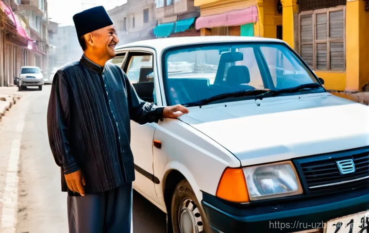 우즈베키스탄 교통수단 종류 및 이용법 - **Uzbek Taxi Negotiation on a Lively Street**
A vibrant, sun-drenched street scene in a bustling...