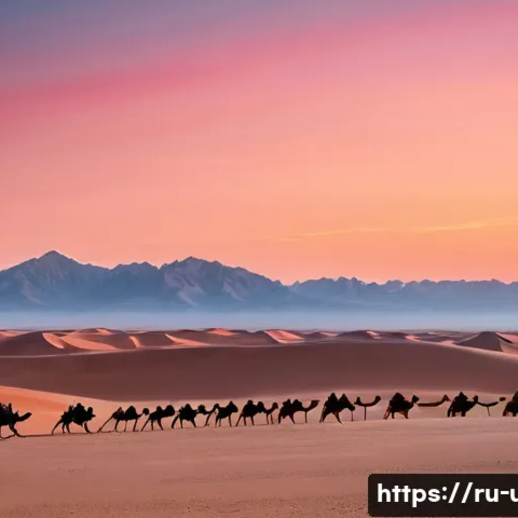 부하라에서의 하룻밤 유목민 체험 - **"A vast, panoramic view of the Kyzylkum Desert at dawn. The sun, a soft orange sphere, is just pee...