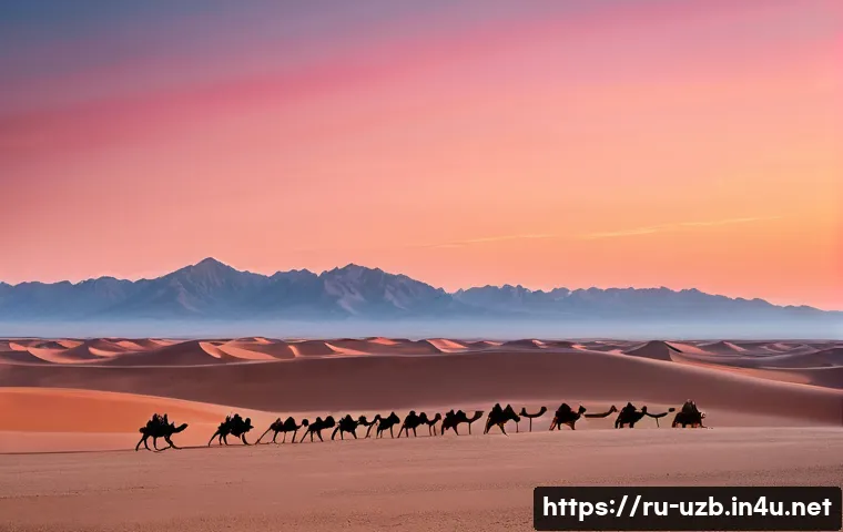 부하라에서의 하룻밤 유목민 체험 - **"A vast, panoramic view of the Kyzylkum Desert at dawn. The sun, a soft orange sphere, is just pee...