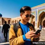Home 17 우즈베키스탄 관광 필수 앱 - A vibrant street scene in historic Samarkand, Uzbekistan, showing a traveler using a smartphone with...