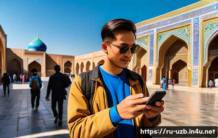 우즈베키스탄 관광 필수 앱 - A vibrant street scene in historic Samarkand, Uzbekistan, showing a traveler using a smartphone with...