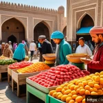 Home 15 우즈베키스탄 환율과 물가 수준 - A bustling street market scene in Uzbekistan featuring colorful stalls with fresh fruits like waterm...