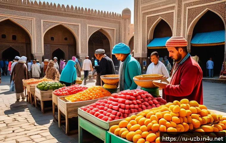 우즈베키스탄 환율과 물가 수준 - A bustling street market scene in Uzbekistan featuring colorful stalls with fresh fruits like waterm...